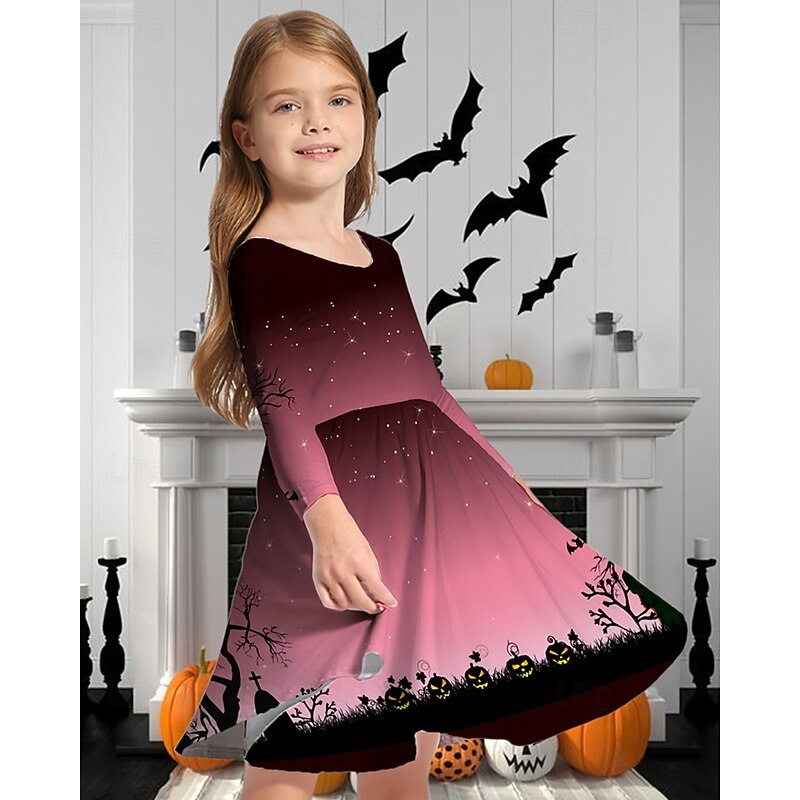Girls' 3D Graphic Halloween pumpkin Dress Long Sleeve Summer Spring Vacation Daily Holiday Beautiful Sweet Kids 4-12 Years Casual Dress A Line Dress Knee-length Regular Fit3