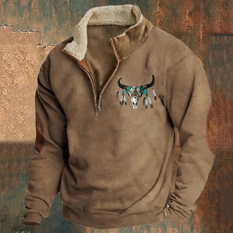 Men's Sweatshirt Quarter Zip Sweatshirt Black Navy Blue Brown Gray Half Zip Graphic Cow Print Print Quarter Zip Christmas Daily Holiday Other Prints Polyester Streetwear Casual Fall Winter Clothing