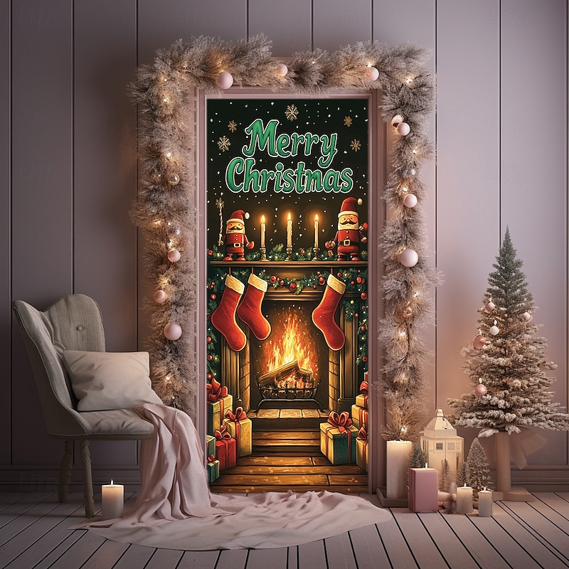 Christmas Door Decorations Door Covers Fireplace Xmas Door Tapestry Door Curtain Decoration Backdrop Indoor/Outdoor Door Banner for Front Door Farmhouse 5