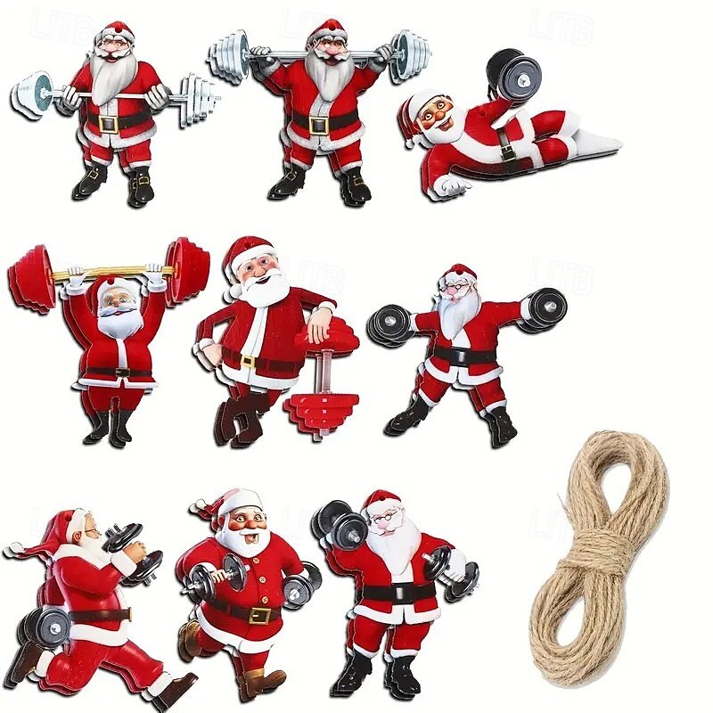 27pcs Christmas Wooden Ornaments Set - Fitness Theme Santa Pendant Ornaments and Toppers, Vintage Wooden Christmas Decoration, Non-Electric Hanging Festival Decoration for Thanksgiving, Christmas & Halloween Xmas Decoration with Hanging Rope