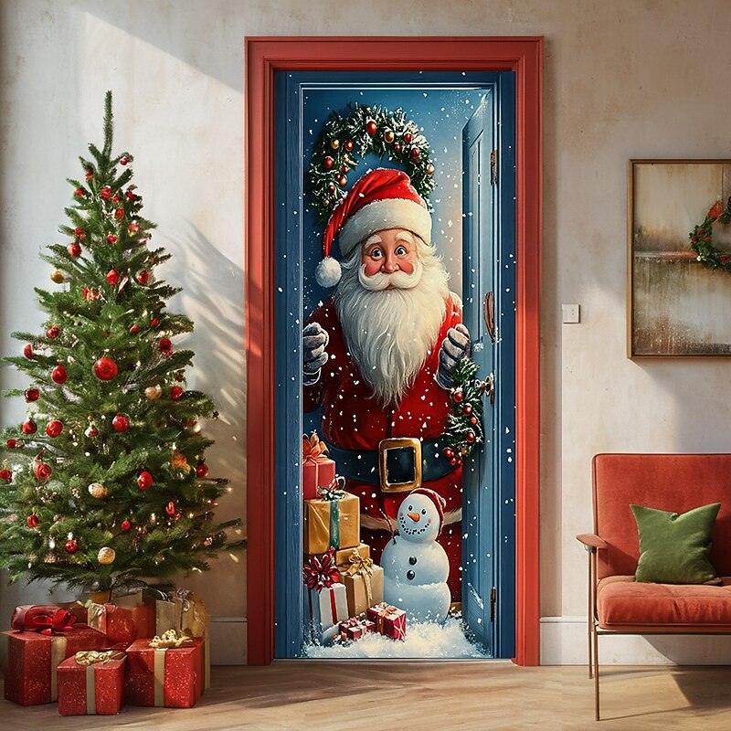 Christmas Door Decorations Door Covers Xmas Santa Door Tapestry Pink Door Curtain Decoration Backdrop Door Banner for Front Door Farmhouse Holiday Party Decor Supplies Snowman Indoor/Outdoor4