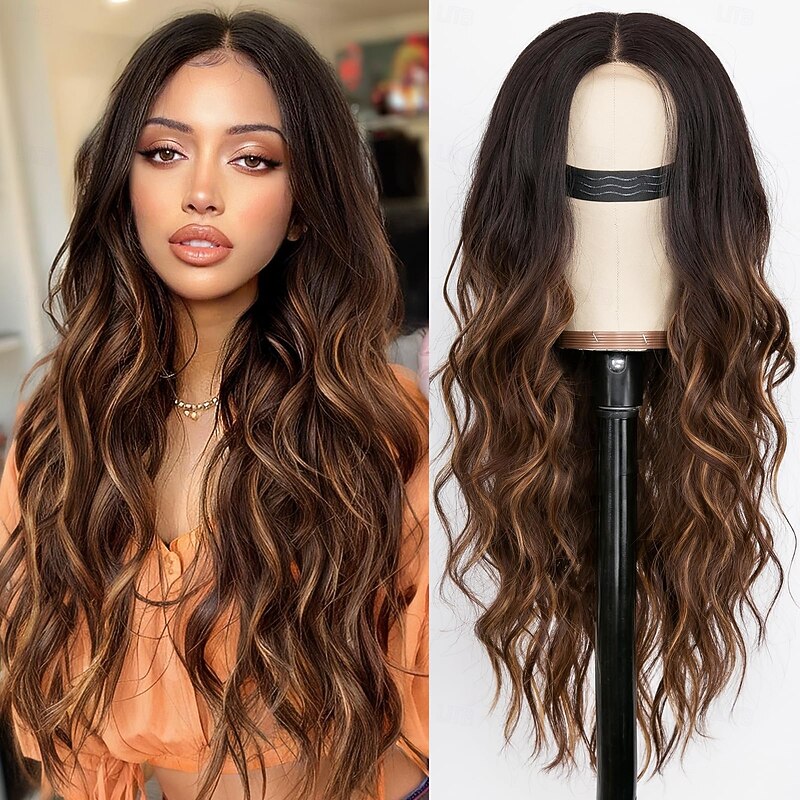 Long Brown Wavy Wig with Highlights Middle Part Curly Wigs Lace Hairline Wigs for Women Ombre Brown Synthetic Heat Resistant Wigs for Daily Part Use
