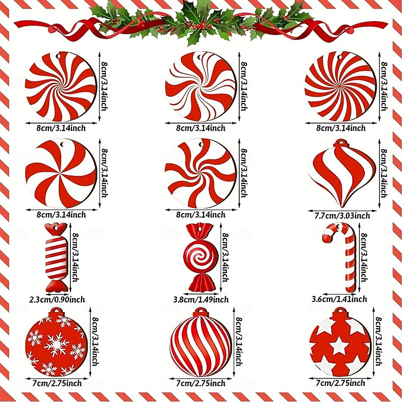 12pcs/set Wooden Christmas Ornaments, Peppermint Candy Cane, Holiday Decorations, Christmas Tree Hanging Decorations, Wooden Carved Peppermint Candy Cane, Peppermint Xmas Tree Decor2