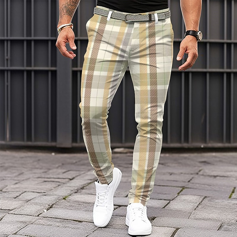 Men's Geometric Color Block Patchwork Dress Pants Mid Waist Business Casual Formal Dailywear Zipper Pocket Summer Spring Fall 3D Print Light Yellow