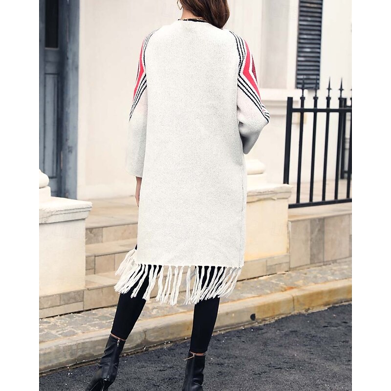 Women's Long Cardigan Open Front Knit Tassel Fall Winter Outdoor Going out Weekend Fashion Daily Long Sleeve Geometric Black Camel4