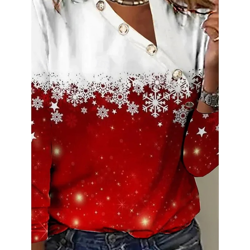 Women's T Shirt Henley Pullover Ombre Snowflake Henley Pullover Red White Long Sleeve Casual Comfort Fit Autumn Winter Holiday Top3