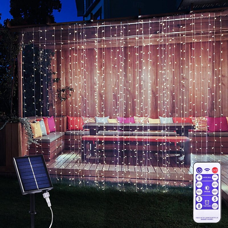 Solar Curtain Lights Outdoor Remote Control 8 Modes Lighting Fairy Light 3x3m 300LEDs IP65 Waterproof String Lights Xmas Party Wedding Home Garden Wall Living Room Bedroom Decoration3