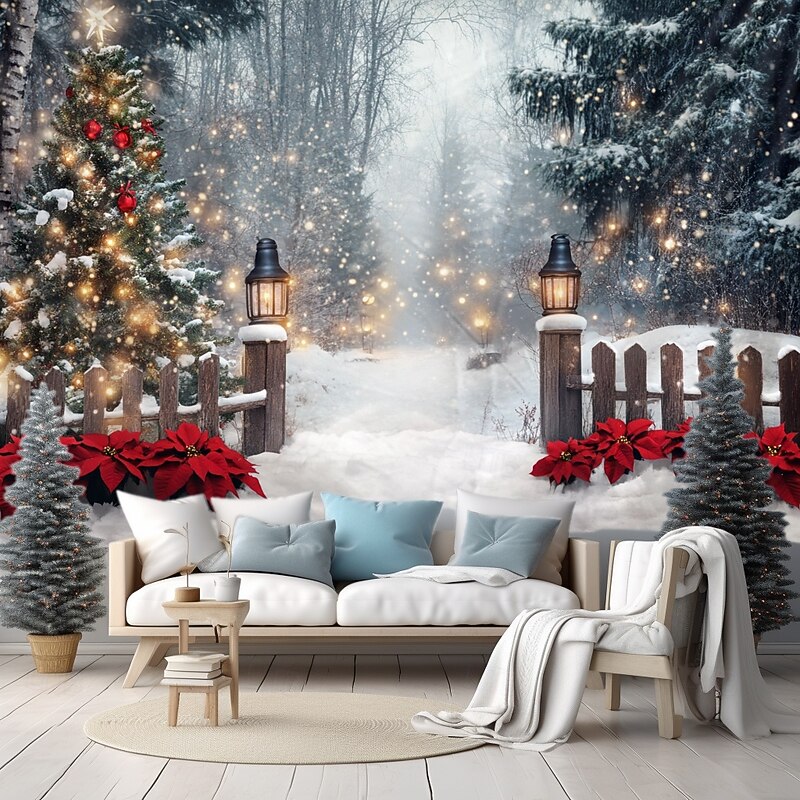 Christmas Decorations Snow Gate Fence Hanging Tapestry Wall Art Large Tapestry Mural Decor Photograph Backdrop Blanket Curtain Home Bedroom Living Room Decoration3