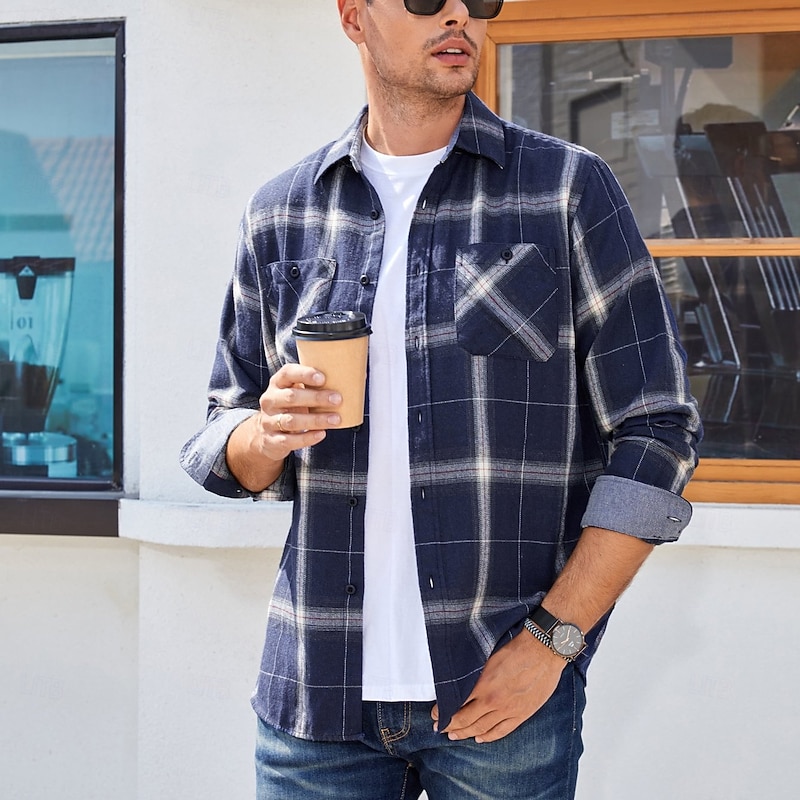 Men's Shirt Flannel Shirt Overshirt Plaid Outdoor Street Black White Red Navy Blue Long Sleeve Collar Spring &  Fall Clothing Apparel3