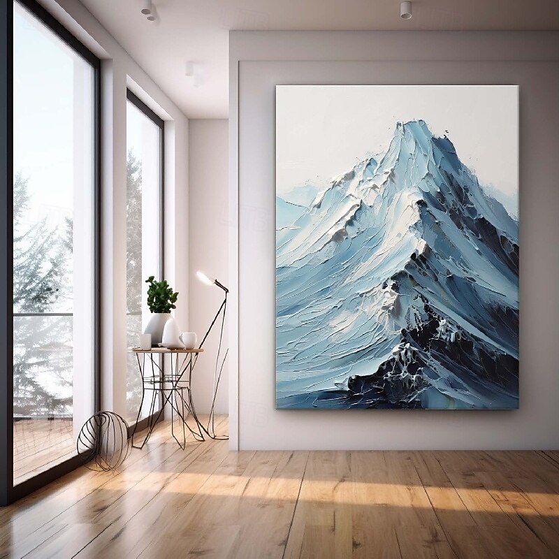 Blue and White Snowy Painting handmade mountain Painting Thick Textured Artwork oil painting Hand Painted Palette Knife mountain Painting Personalized 3D oil paintings Home Decor