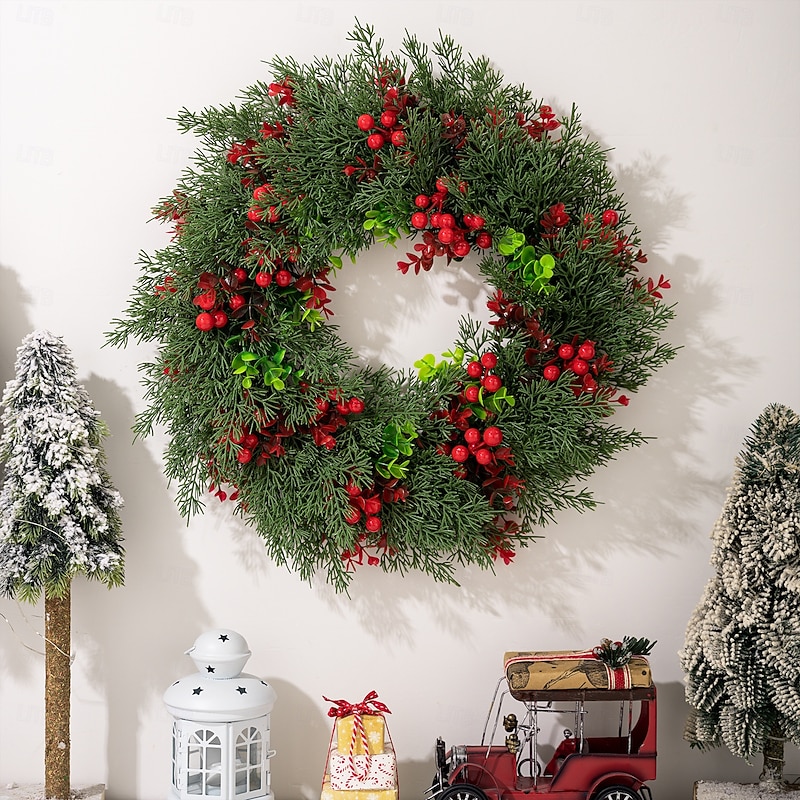 Christmas Wreath for Front Door Outdoor Door Winter Wreath, 50x50cm Cedar Leaves and Red Berries Xmas Decoration, Holiday Hanging Ornament for Porch and Garden Decor