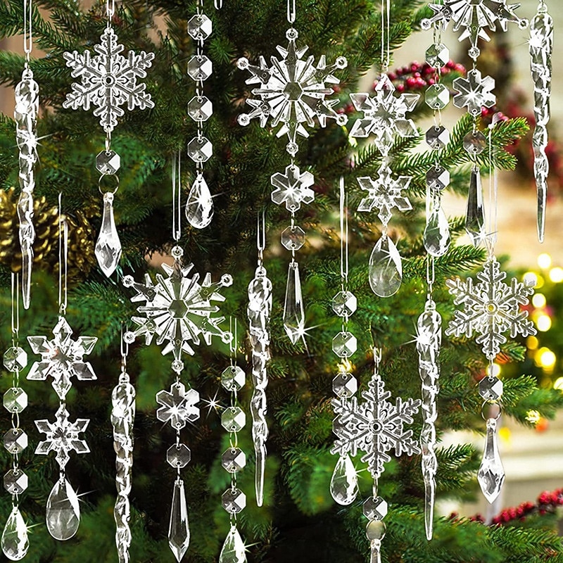18PCS Christmas Tree Clear Hanging Ornaments, Transparent Acrylic Icicle and Snowflake Xmas Decorations, Holiday Tree Hanging Decor