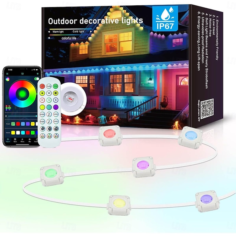 LED String Downlights Eternity Lights Permanent Outdoor Lights with App & 2.4G Remote RGBIC Smart Eaves Lights IP67 Waterproof House Roof for Christmas/Halloween 30LEDs 50ft Extendable3