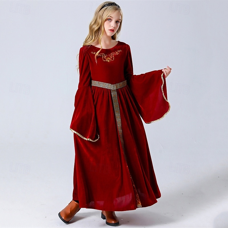 Kids Girls' Cosplay Dress Cosplay Custome Party Dress Solid Color Long Sleeve Performance Halloween Party Patchwork Vintage Gothic Halloween Custome Polyester Maxi Vintage Dress Party Dress Summer4