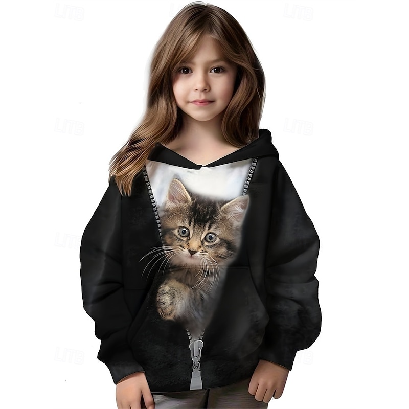 Girls' 3D Graphic Cat Hoodie Long Sleeve Fall Winter Fashion Adorable Basic Kids 4-12 Years Hooded Outdoor Casual Daily Regular Fit