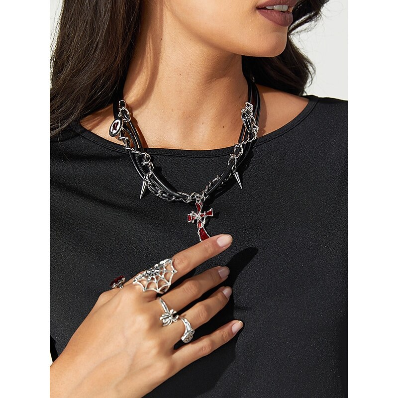 Gothic Punk Chain Necklace with Spiked Cross Pendant, Black and Silver Statement Jewelry for Halloween, Cosplay, and Alternative Fashion2