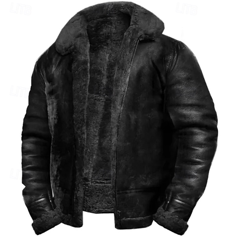Men's Faux Leather Jacket Fleece Jacket Sherpa Jacket Biker Jacket Vacation Daily Windproof Warm Pocket Fleece Fall & Winter Plain Fashion Classic Lapel Regular Faux Leather Black White Brown Jacket2