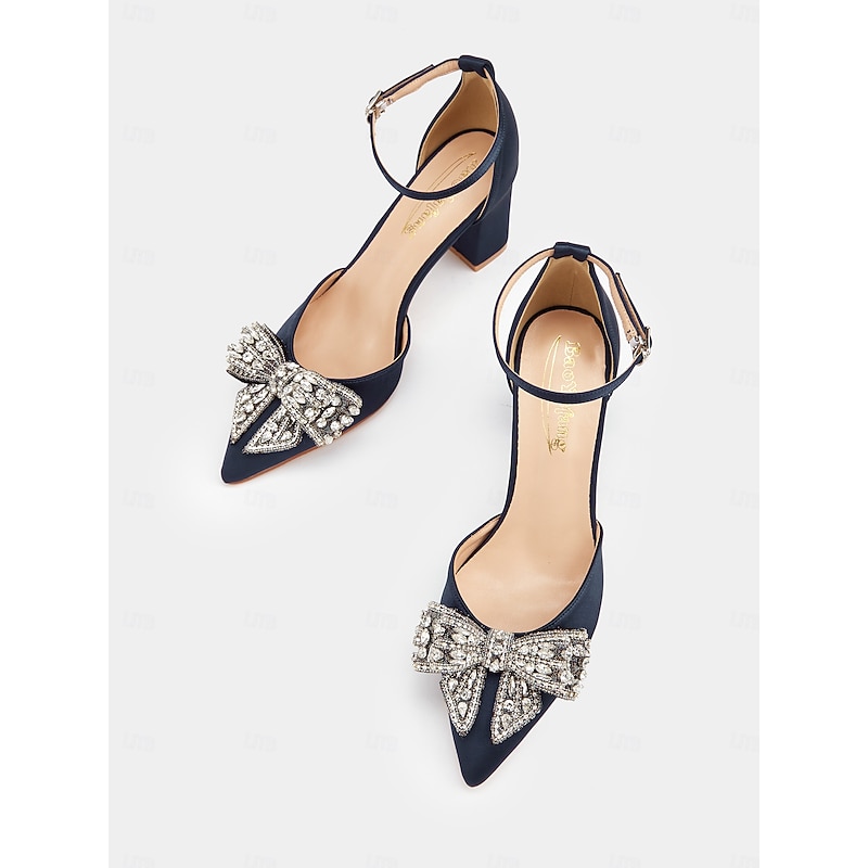 Women's Satin Block Heel Pumps with Rhinestone Bow – Elegant Formal Heels for Weddings and Special Occasions