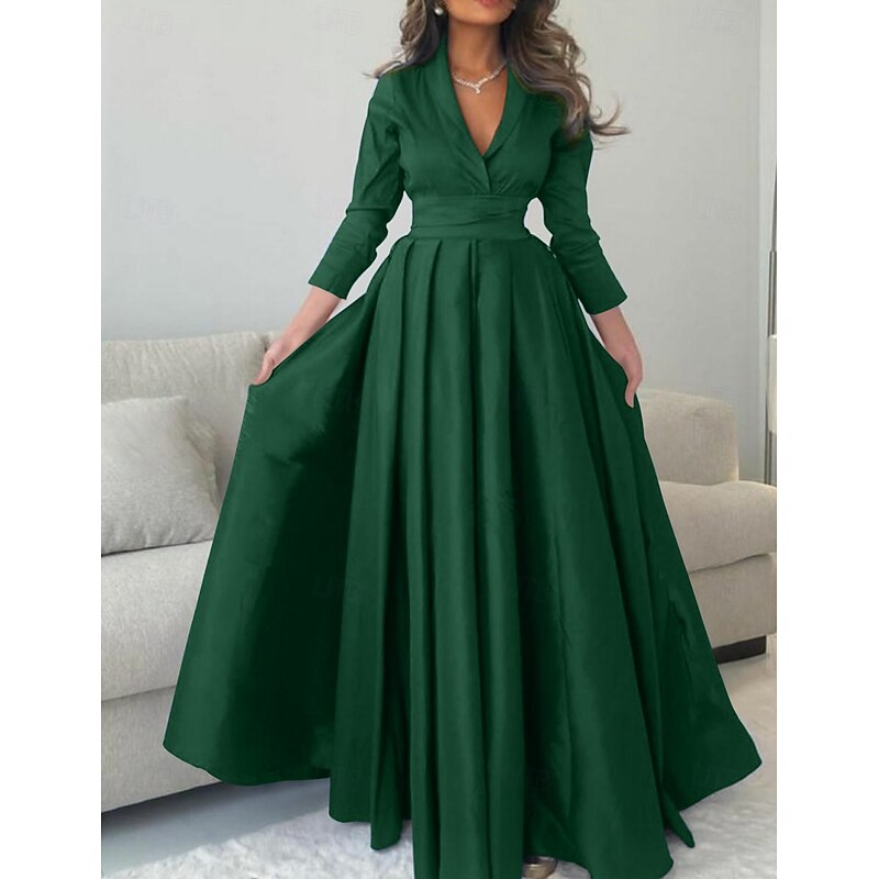 Satin A-Line Chrismas Dress Evening Gown Elegant Dress FormalRed Dress Floor Length 3/4 Length Sleeve V Neck with Pleats dress to impress2