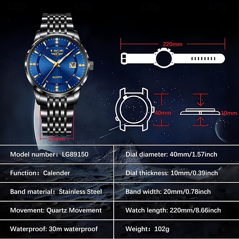 LIGE Men Quartz Watch Minimalist Calendar Stainless Steel Watch3