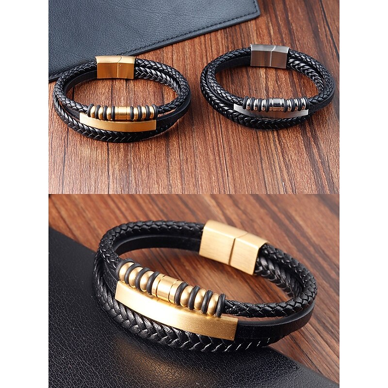 Men's Black Braided Faux Leather Bracelet with Gold Magnetic Clasp – Modern Casual Wristband with Beaded Accents, Perfect for Everyday Wear and Gifts4