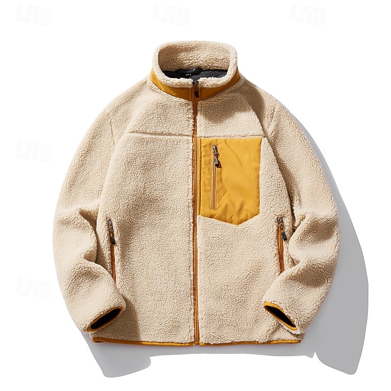 Men's Hiking Jacket Hiking Fleece Jacket Winter Outdoor Patchwork Thermal Warm Fleece Lining Fleece Jackets Full Zip Climbing Camping / Hiking / Caving Traveling Cream Khaki2