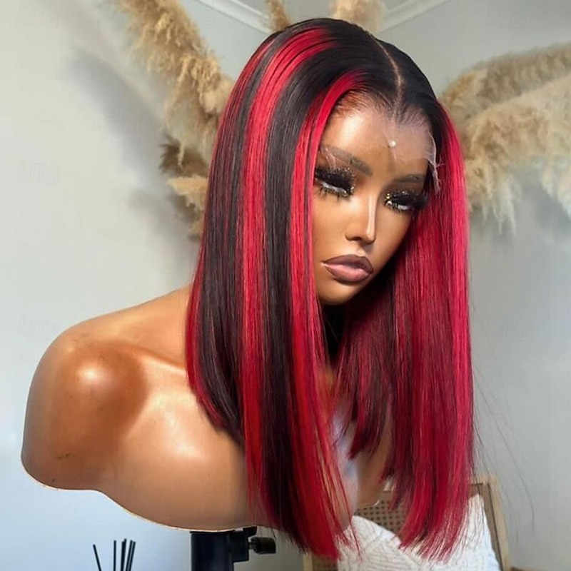 Remy Human Hair 13x4 Lace Front Wig Short Bob Brazilian Hair Silky Straight Red Wig 130% 150% Density with Baby Hair Highlighted / Balayage Hair 100% Virgin Glueless For Women Short Human Hair Lace3