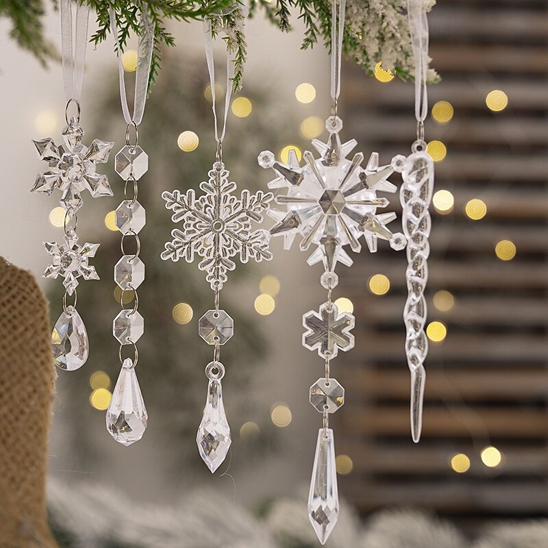 18PCS Christmas Tree Clear Hanging Ornaments, Transparent Acrylic Icicle and Snowflake Xmas Decorations, Holiday Tree Hanging Decor2