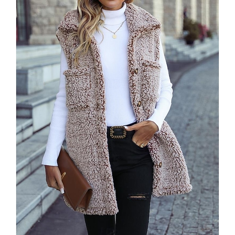 Women's Winter Coat Coat Warm Buttons Casual Street Style Solid Color Vacation Work Daily Wear Single Breasted Turndown Loose Fit Long Sleeve Outerwear Light Pink Black Khaki Fall Winter
