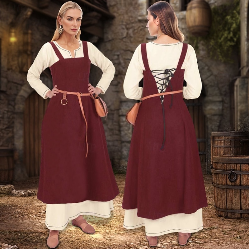 Women's Medieval Viking Apron Overdress with Laced Back Tunic Dress Set 2 PCS Outfits for LARP Ren Faire Renaissance Fair Party Carnival Halloween Dress3