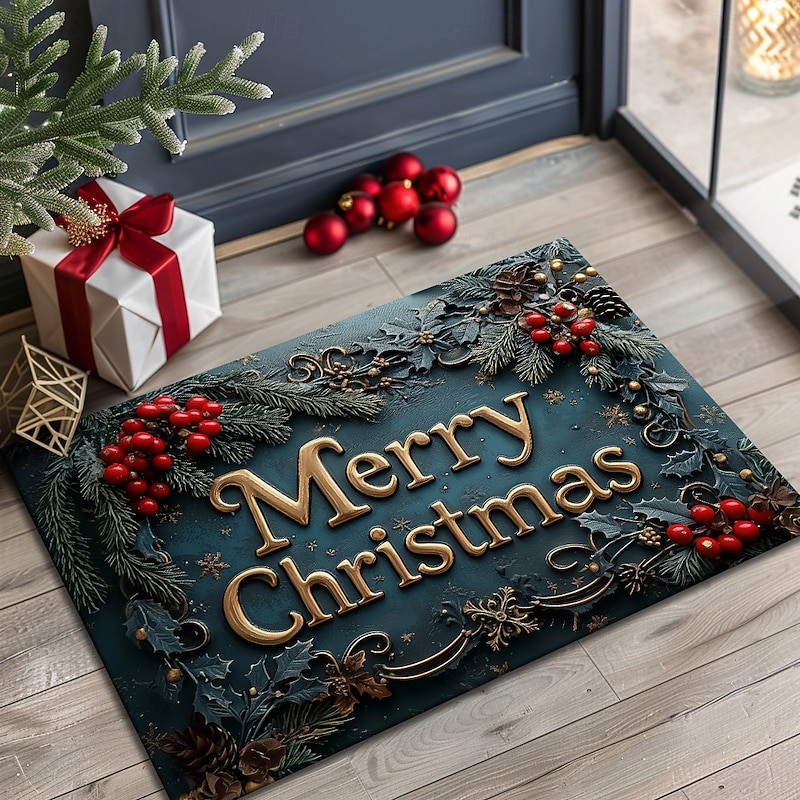 Christmas Decorations Doormat Poinsettia Kitchen Mat Floor Mat Non-Slip Area Rug Oil Proof Rug Indoor Outdoor Mat Bedroom Decor Bathroom Mat Entrance Rug2