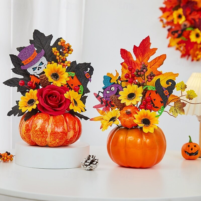 Halloween Fall Desktop Ornament with Faux Pumpkin, Maple Leaves and LED Light for Autumn Harvest Festival, Spooky Halloween Scene Decoration for Fall Home and Party Setup3