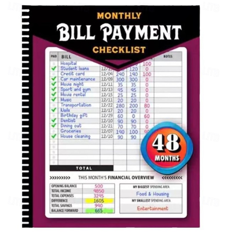 Bill Payment Management Book Monthly Bill Payment Checklist Bill Tracker Notebook, The 48 Month Guide for Families & Money Managers
