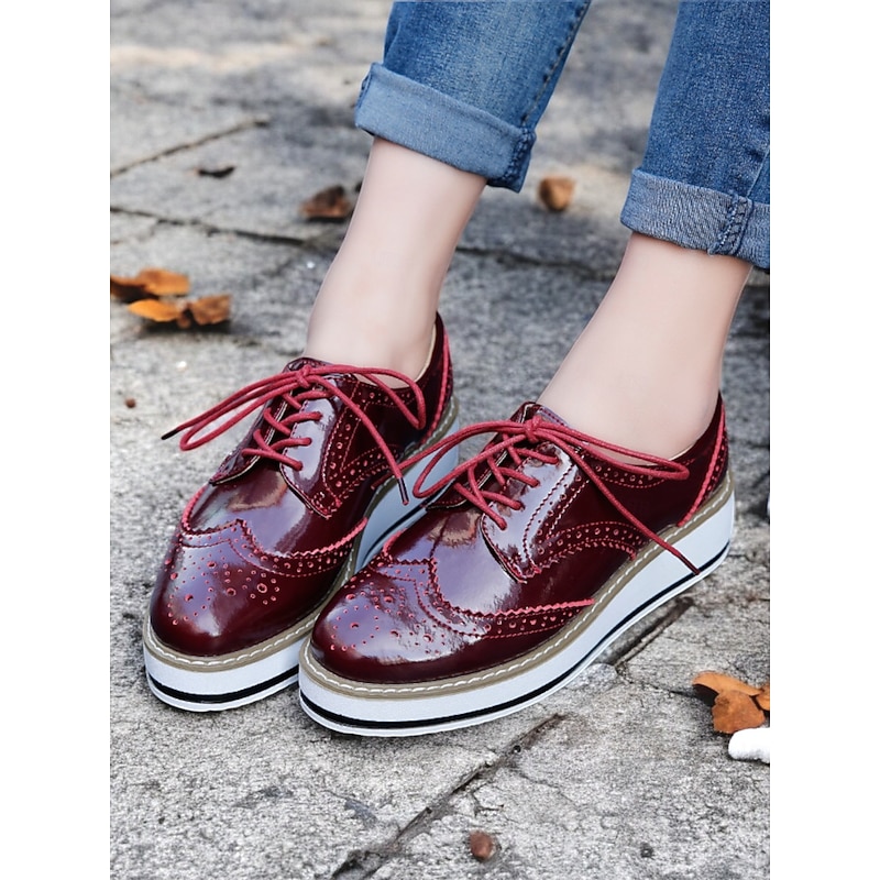 Women's Burgundy Patent Leather Oxford Platform Shoes – Brogue Detailing with Lace-Up Design and Elevated Sole for Casual and Formal Wear3