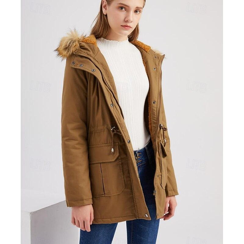 Women's Coat Warm Breathable Zipper Buttons Pocket Casual Solid Color Vacation Street Daily Wear Going out Zipper Regular Hoodie Regular Fit Long Sleeve Outerwear Black Wine Khaki Fall Winter4