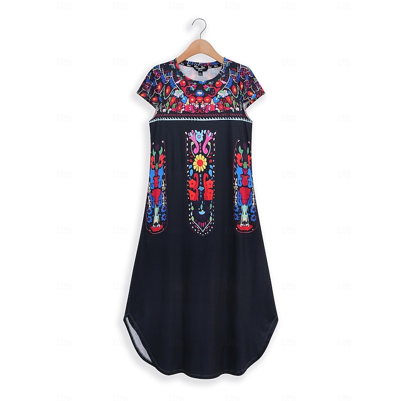 Women's Maxi Dress Casual Dress Vintage Vacation Regular Fit Floral Short Sleeve Crew Neck Black Yellow Khaki Summer4