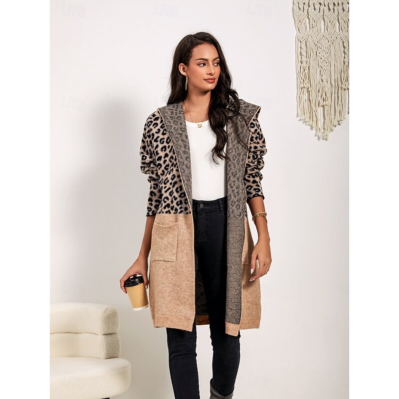 Women's Long Cardigan Leopard Print Open Front Knit Patchwork Knitted Fall Winter Going out Fashion Streetwear Daily Long Sleeve Animal Camel2
