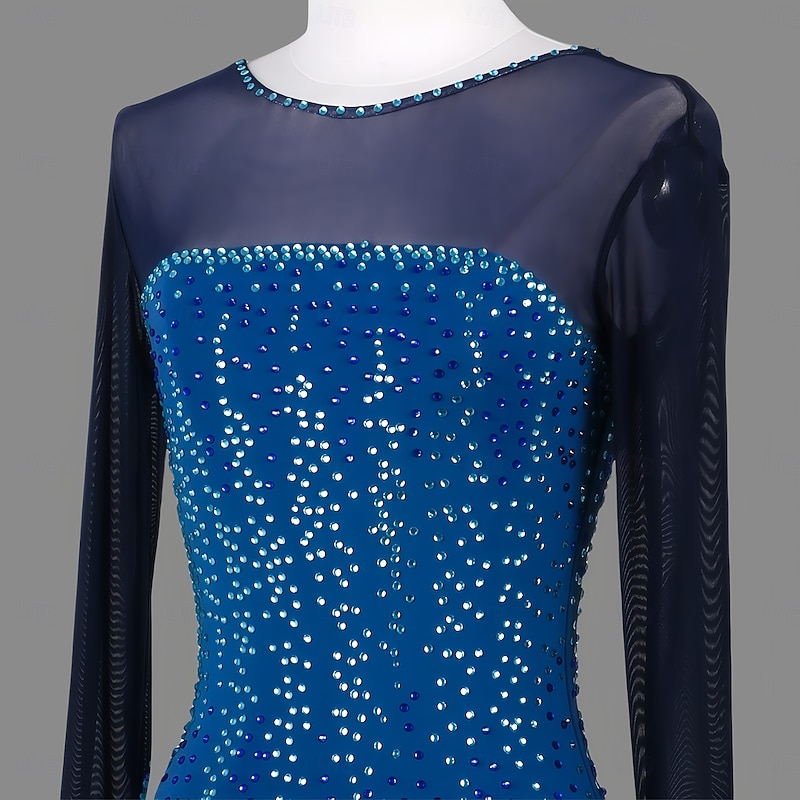 Figure Skating Dress Women's Girls' Ice Skating Dress Dark Green Dark Blue Patchwork Thumbhole Mesh Spandex Stretchy Training Practice Professional Skating Wear Thermal Warm Classic Crystal3
