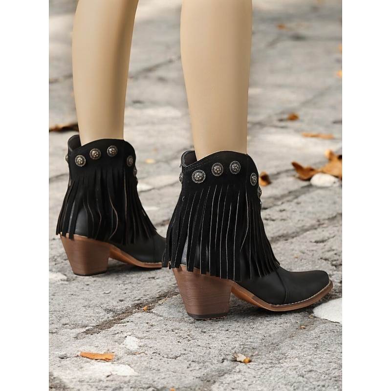Women's Black Fringe Western Ankle Boots with Studded Accents – Vintage Style Cowgirl Booties for Casual and Festival Wear4