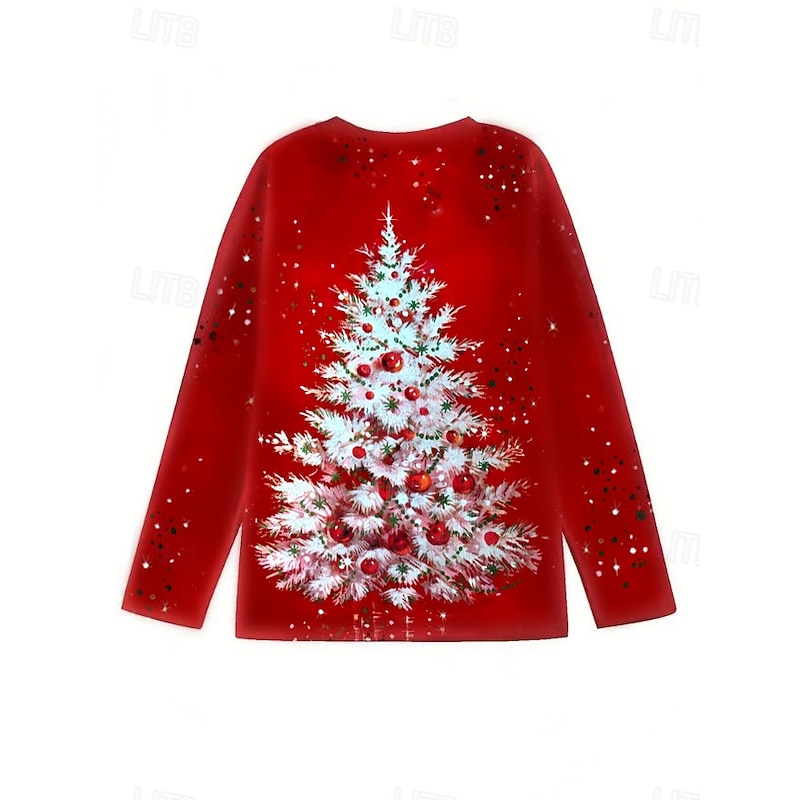 Women's Christmas Tree T-Shirt Round Neck Red Festive Holiday Casual Comfort Fit Partywear Seasonal Top Sizes Available Prefall2