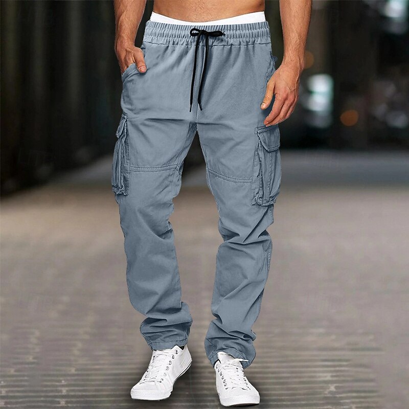 Men's Cargo Pants Trousers Casual Pants Drawstring Elastic Waist Multi Pocket Plain Comfort Soft Full Length Outdoor Casual Daily Fashion Streetwear Black Green3
