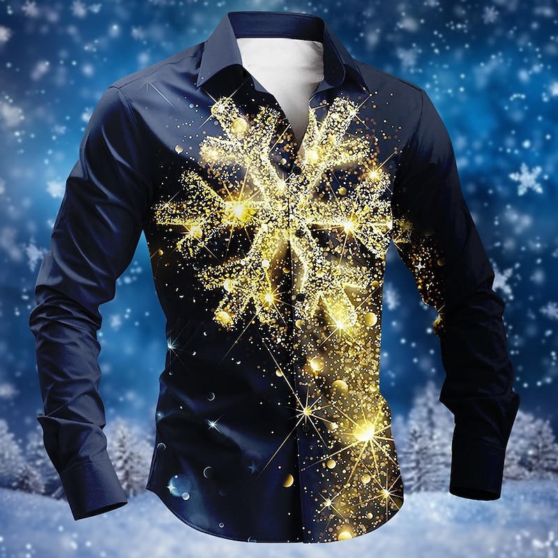Christmas Men's Christmas Scene Printed Shirts Snowflake Fashion Casual Button Up Long Sleeve Party Evening Daily Fall Winter Spring & Summer Collar Button Up 3D Print Thin Blue Polyester
