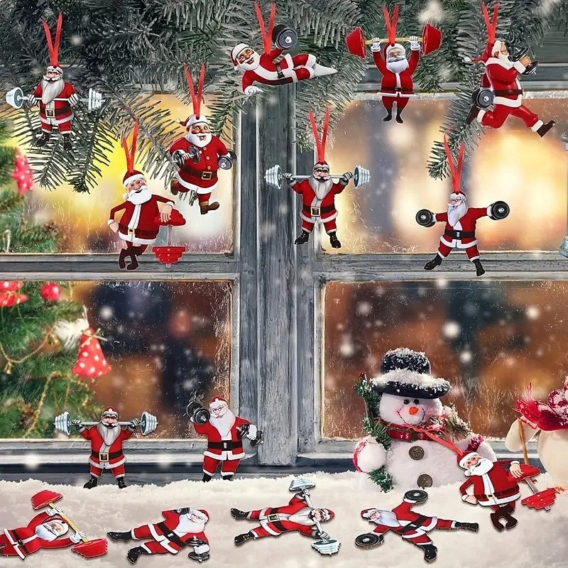 27pcs Christmas Wooden Ornaments Set - Fitness Theme Santa Pendant Ornaments and Toppers, Vintage Wooden Christmas Decoration, Non-Electric Hanging Festival Decoration for Thanksgiving, Christmas & Halloween Xmas Decoration with Hanging Rope2