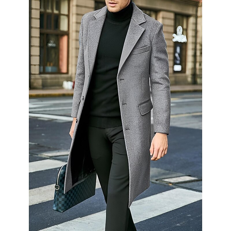 Male Overcoat Coat Trench Coat Daily Wear Buckle Fall & Winter Solid / Plain Color Leisure Lapel Long Camel Black Gray Jacket4