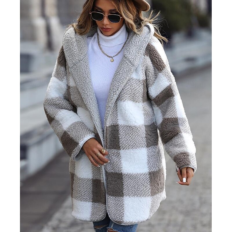 Women's Coat Trench Coat Daily Wear Vacation Fall Winter Regular Coat Regular Fit Warm Breathable Casual Street Style Jacket Long Sleeve Color Block Fur Collar Grey4