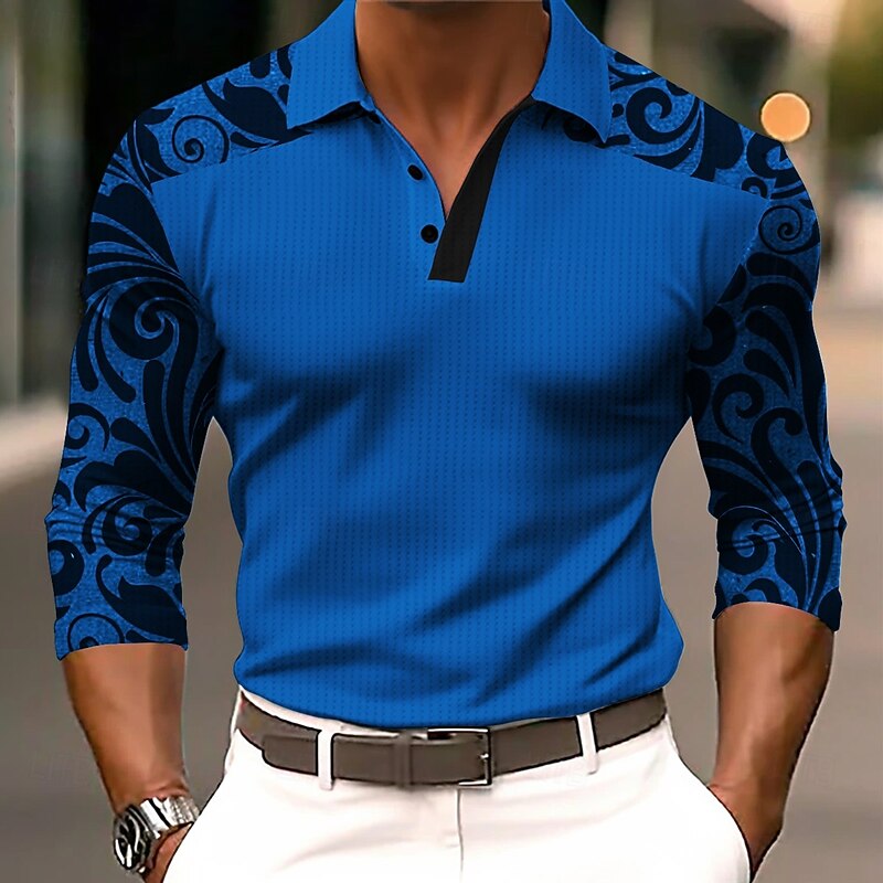 Halloween Men's Floral Botanical Waffle Polo Shirts Golf Polos Shirts Long Sleeve Polo Shirts Collar Dark Vacation Party Evening Wear Dailywear Buttons 3D Print Spring Fall Winter Black Blue Orange2