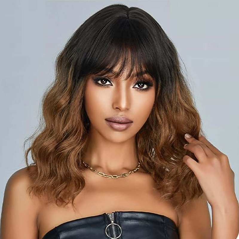 Wig with Bangs Soft Short Bob Wigs for Women Synthetic Shoulder Length Women's Wavy Wigs for Halloween Costumes Cosplay Daily