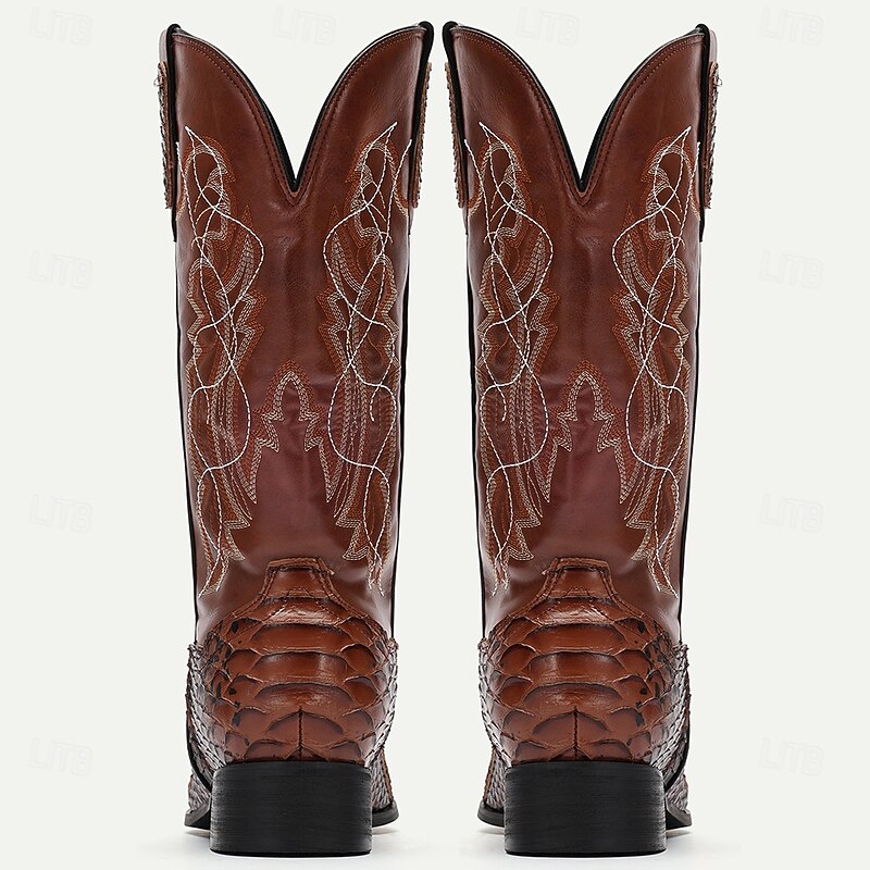 Men's Brown Western Cowboy Boots with Snakeskin Pattern and Embroidered Shaft – Vintage Style Faux Leather Boots for Rodeo and Casual Wear4