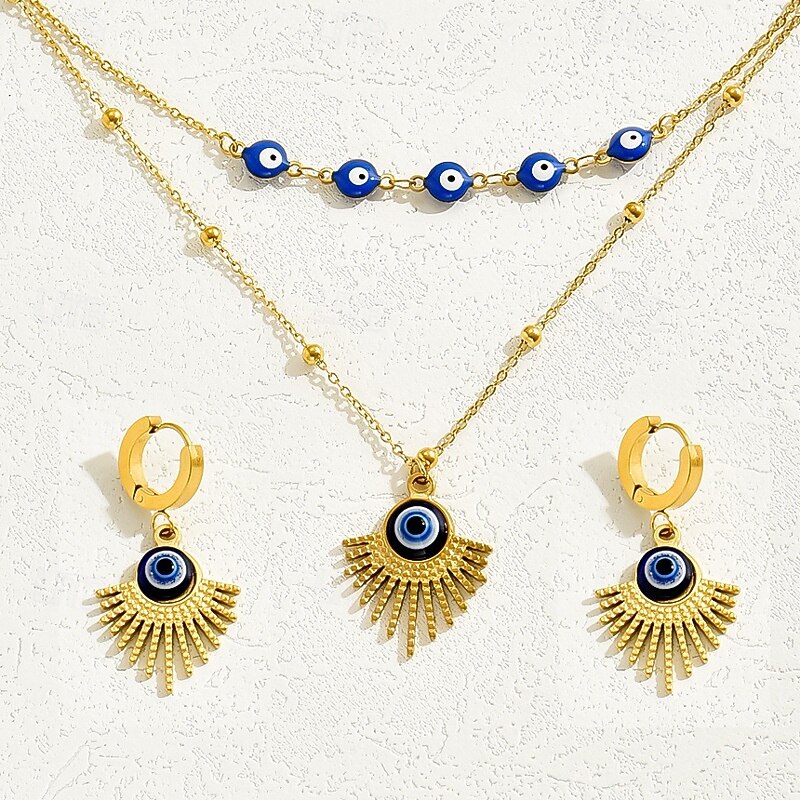 Gold Evil Eye Jewelry Set for Women – Sunburst Necklace and Hoop Earrings with Blue Beads, Boho Style Protection Amulet for Everyday Wear and Special Occasions3