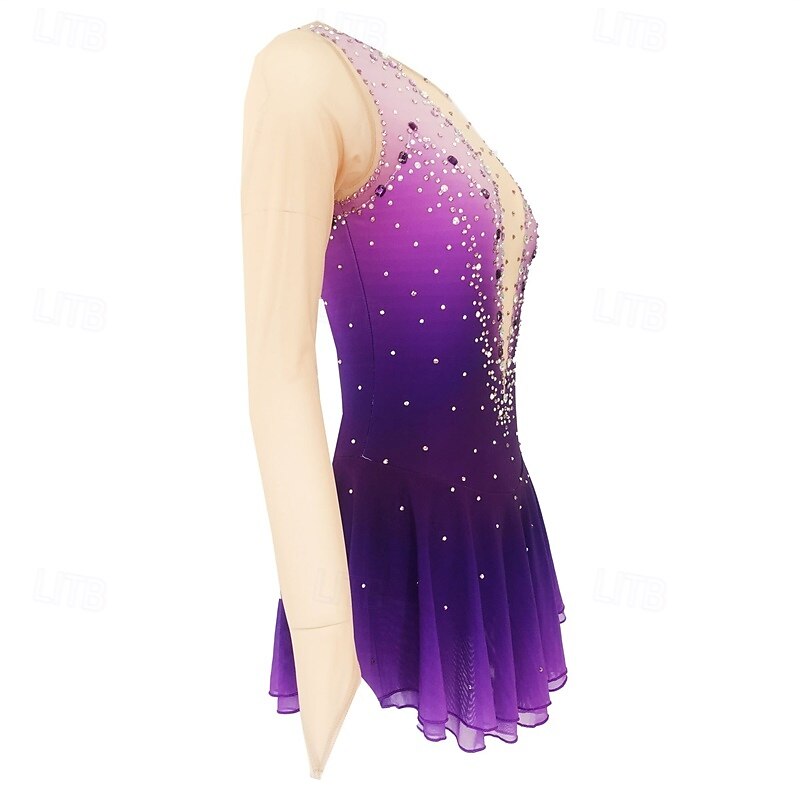 Figure Skating Dress Women's Girls' Ice Skating Dress Violet Patchwork Mesh High Elasticity Training Competition Skating Wear Classic Crystal / Rhinestone Long Sleeve Ice Skating Figure Skating4